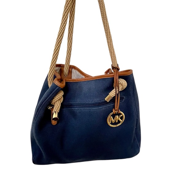 MICHAEL KORS Navy Blue Canvas Tote Bag Purse Rope Nautical Fisherman Preppy Knot - Picture 1 of 14